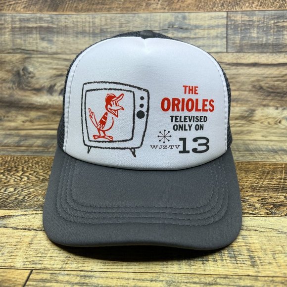 Baltimore Orioles Mens Trucker Hat Gray Snapback Channel 13 Vintage Baseball Cap - Picture 2 of 8